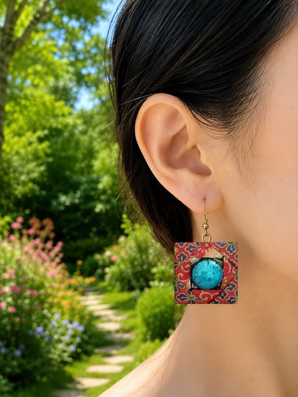 Red Origami Paper Earrings with Blue Murano Glass Cab, Handmade OAK - Picture 5 of 6